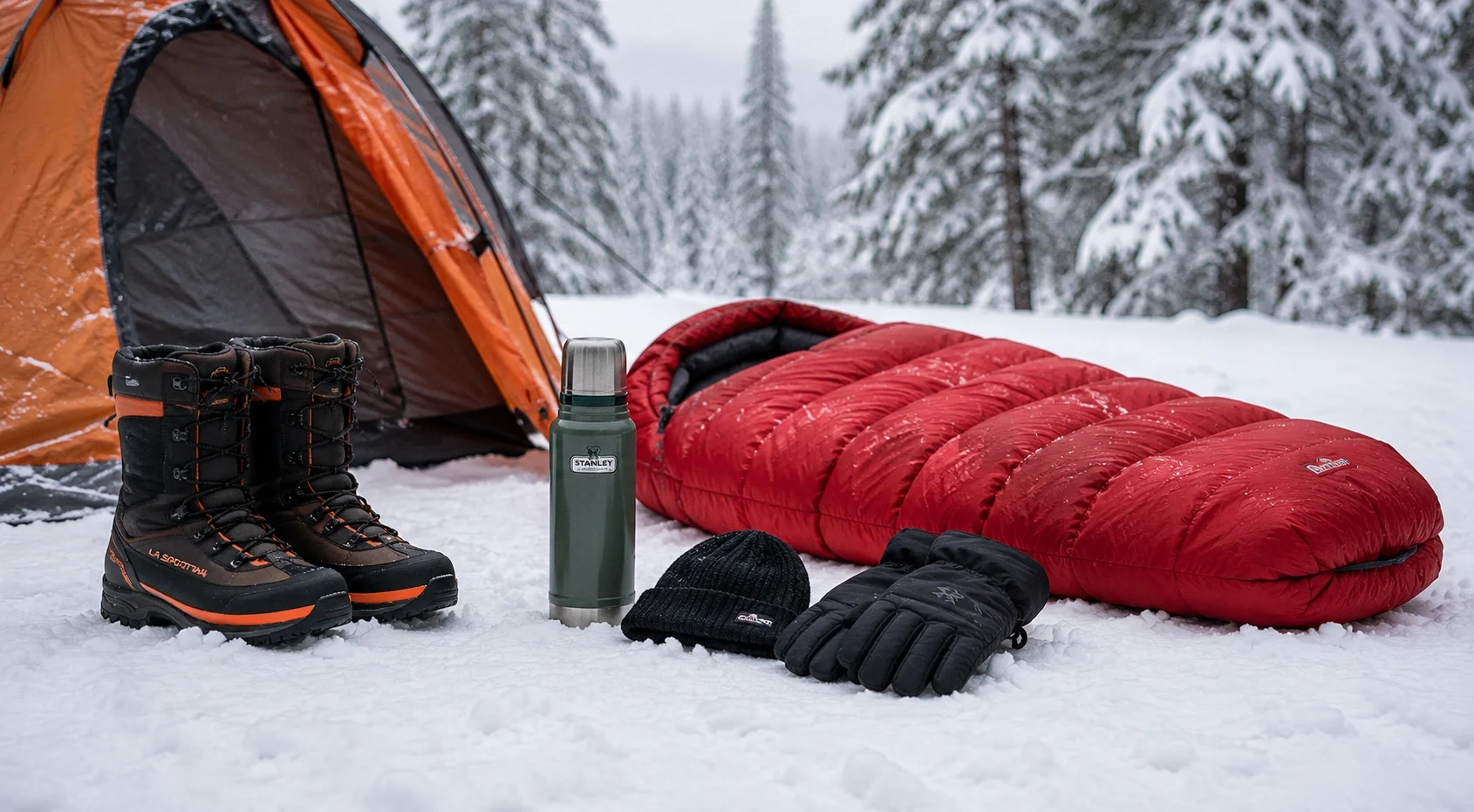 Winter camping gear laid out in snow including tent, sleeping bag, and boots