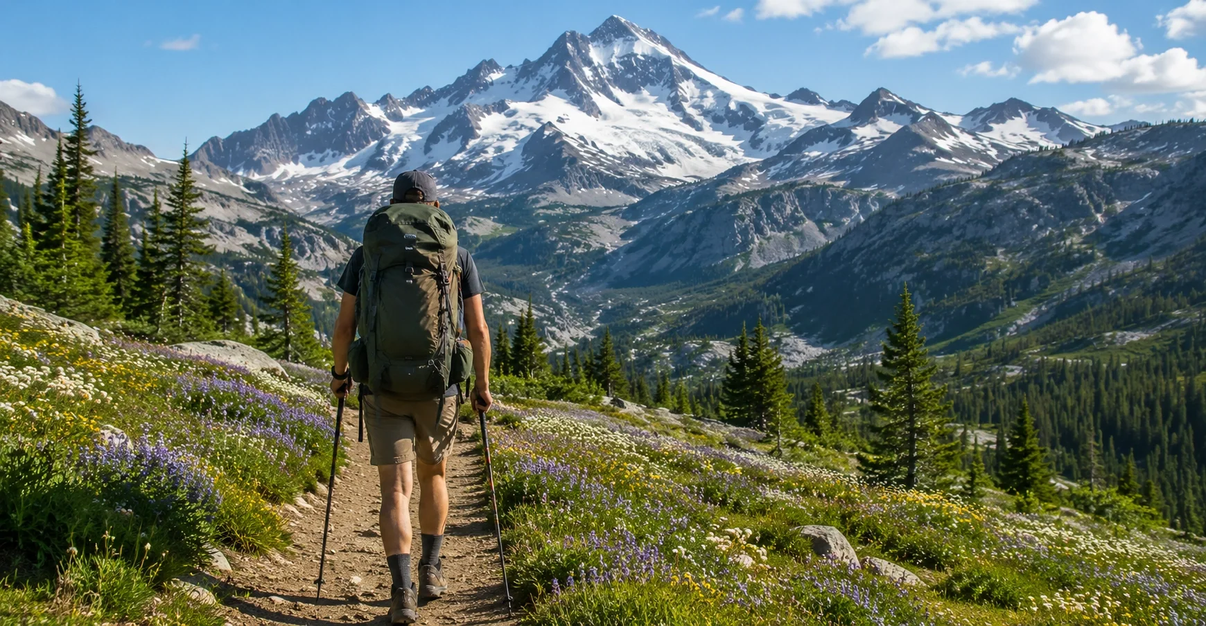 Backpacker hiking through mountain wilderness with full pack