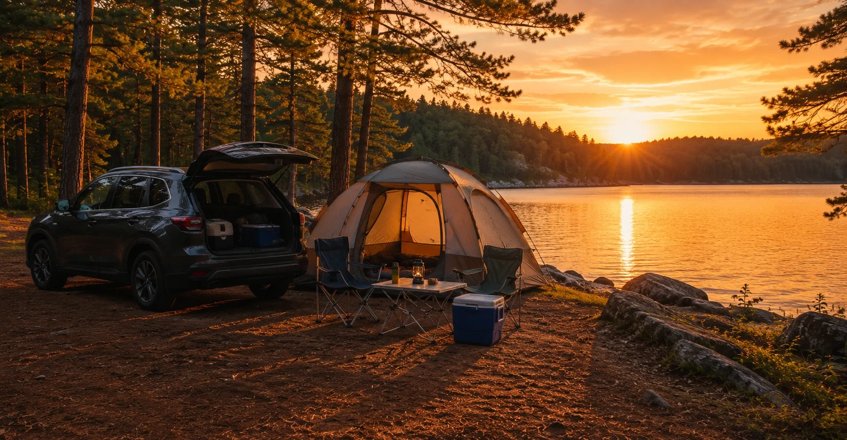 Car parked at a scenic campsite with tent and gear spread out