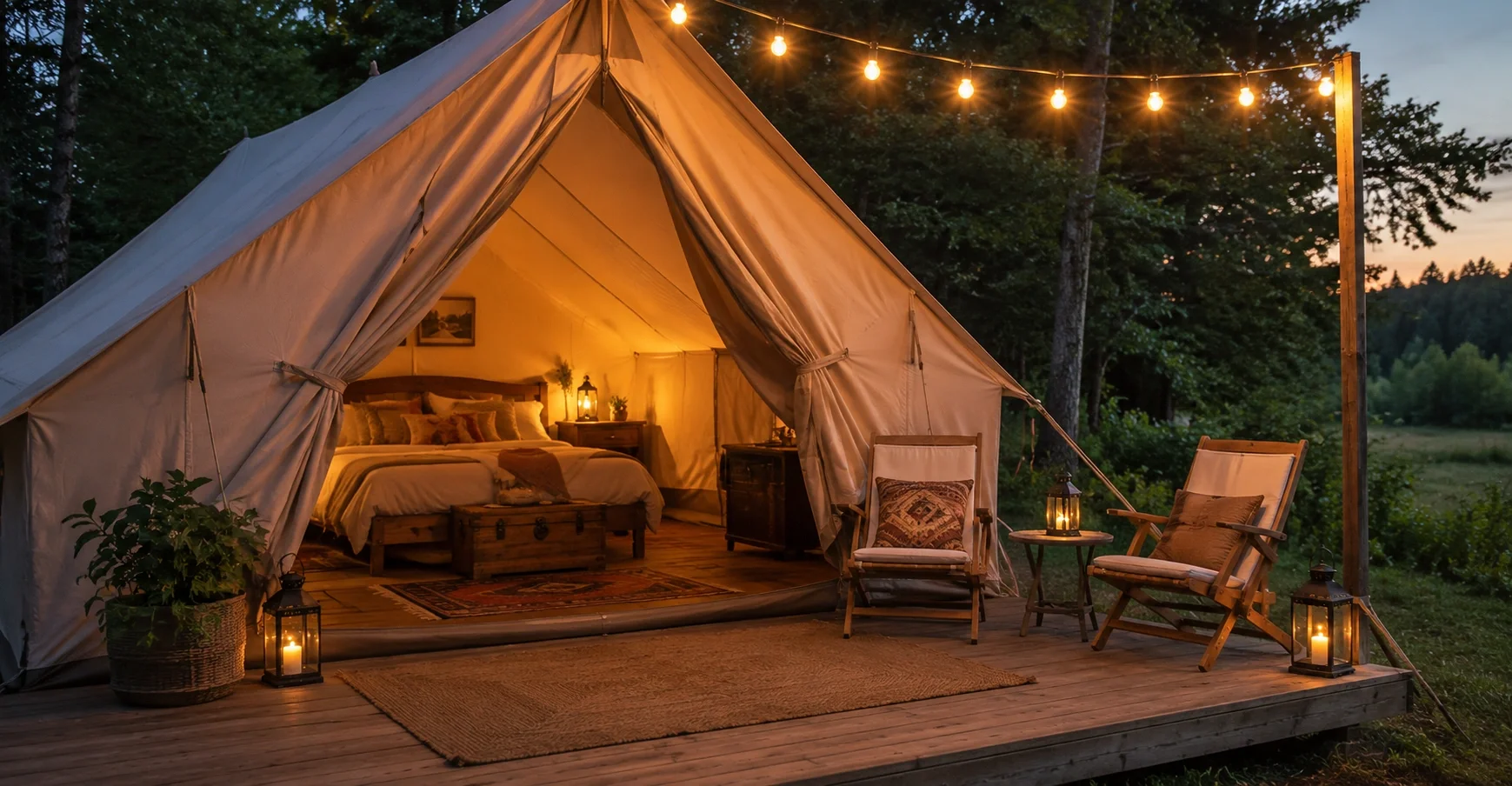 Luxury glamping tent with comfortable bed and decorations