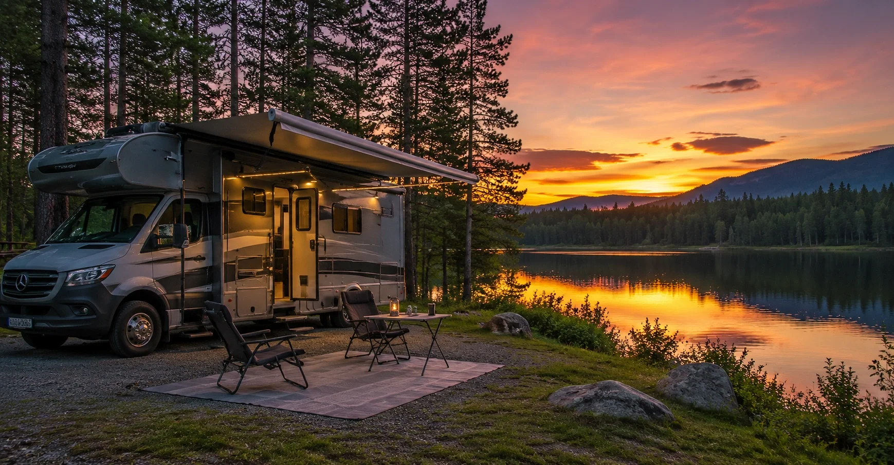 RV parked at a beautiful lakeside campground at sunset