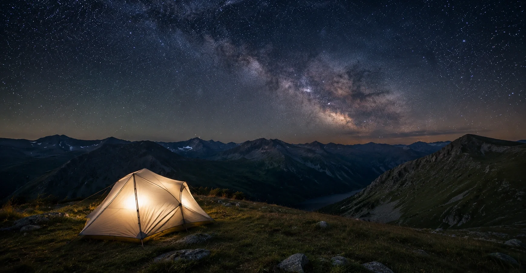 Remote wild camping spot with tent under starry night sky