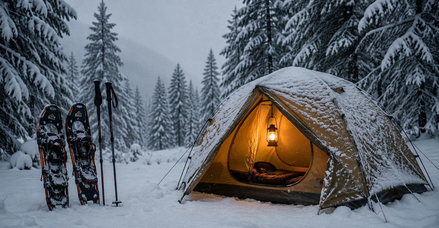 Winter campsite with snow-covered tent and warm lantern glow