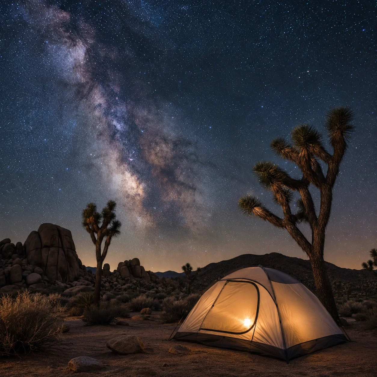 Joshua Tree National Park camping under starry desert sky