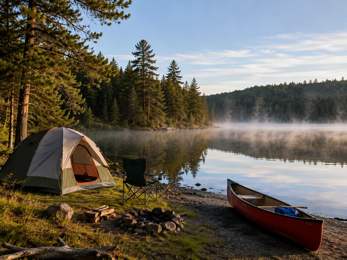 Lakeside campsite with calm water reflections and forest backdrop