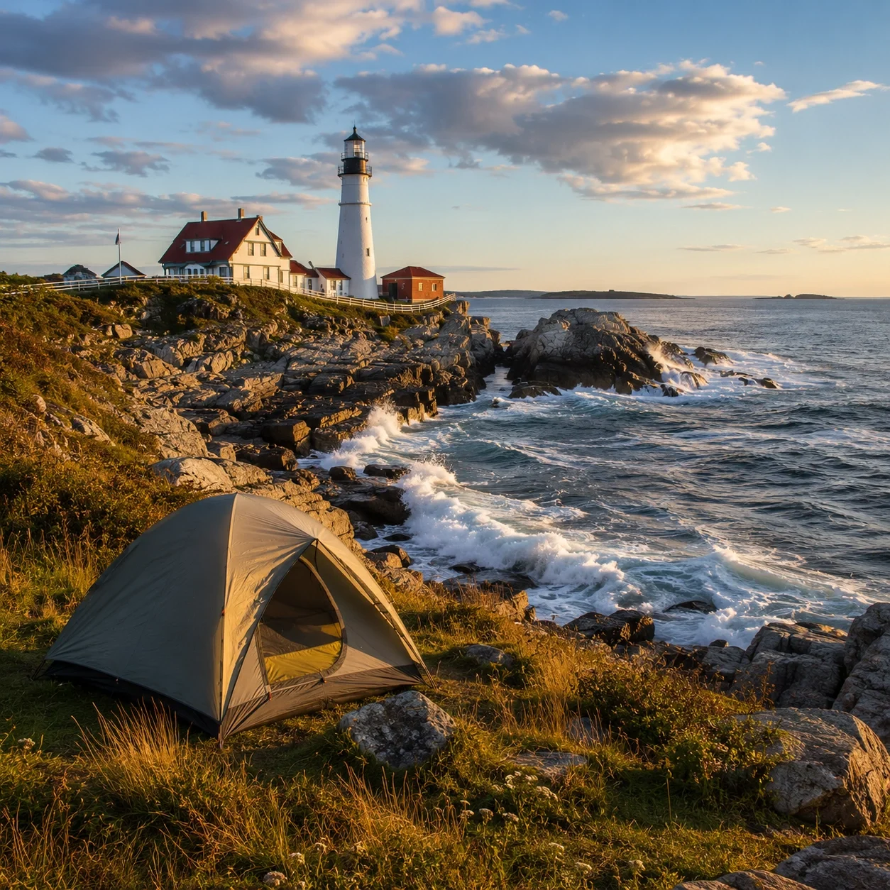 Maine coast camping with rocky shoreline and lighthouse in distance