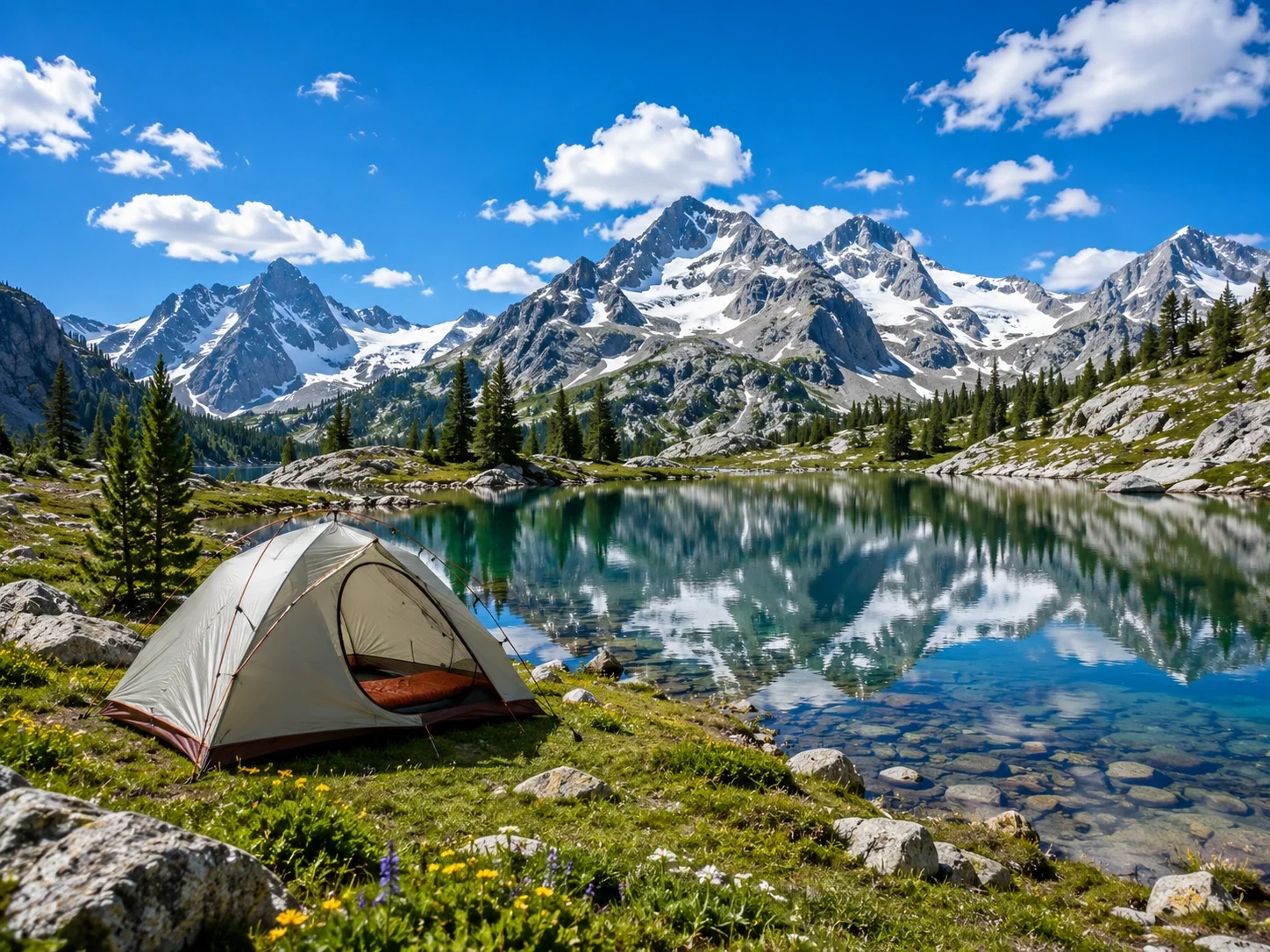 Mountain camping destination with tent at alpine meadow and peaks