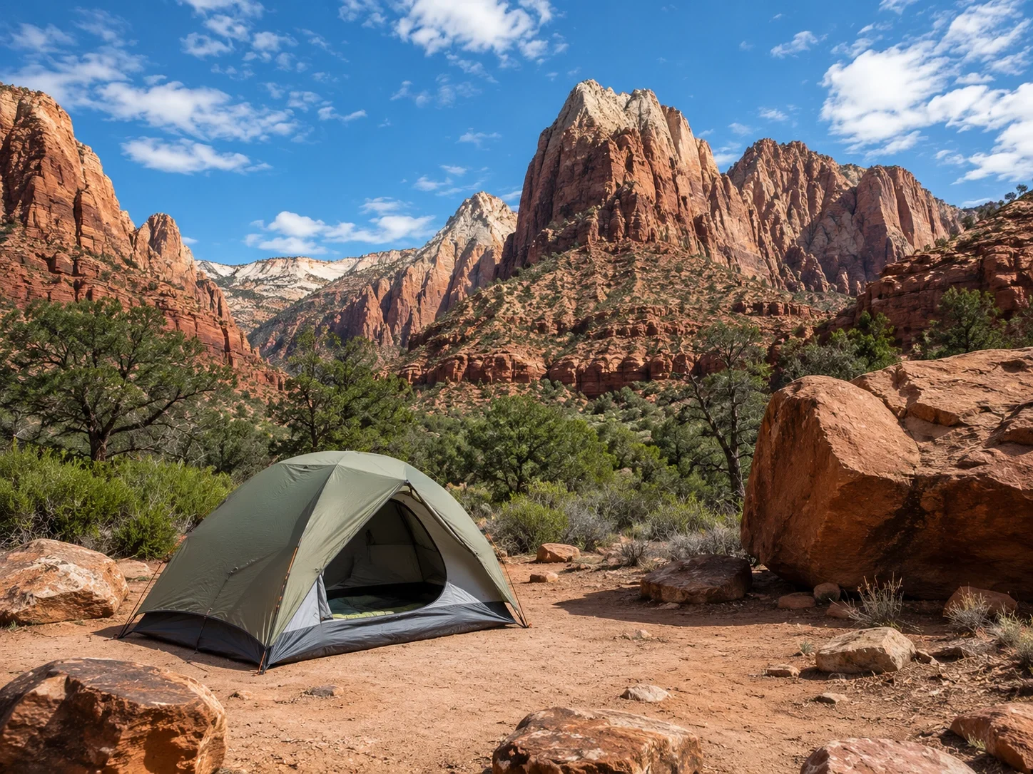 Tent camping in a national park with dramatic rock formations