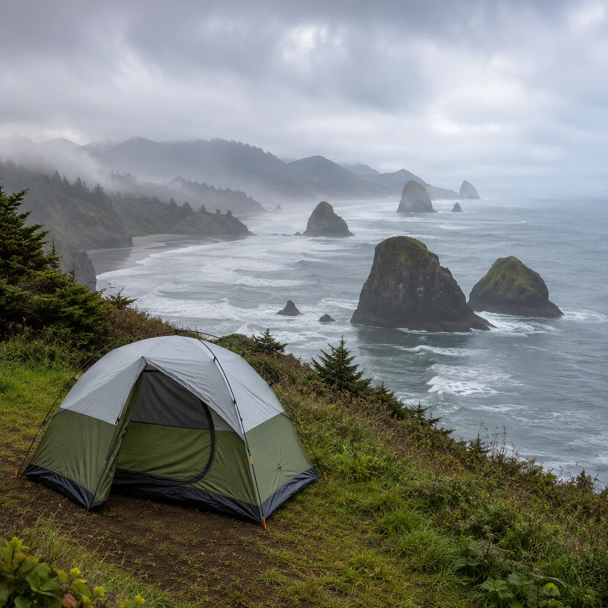Oregon coast camping with dramatic sea stacks and foggy shoreline