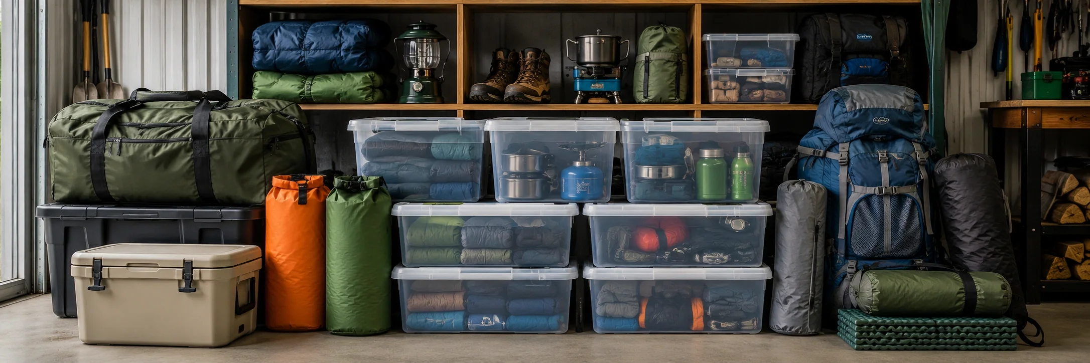Organized camping gear neatly packed in bags and boxes following a camping checklist