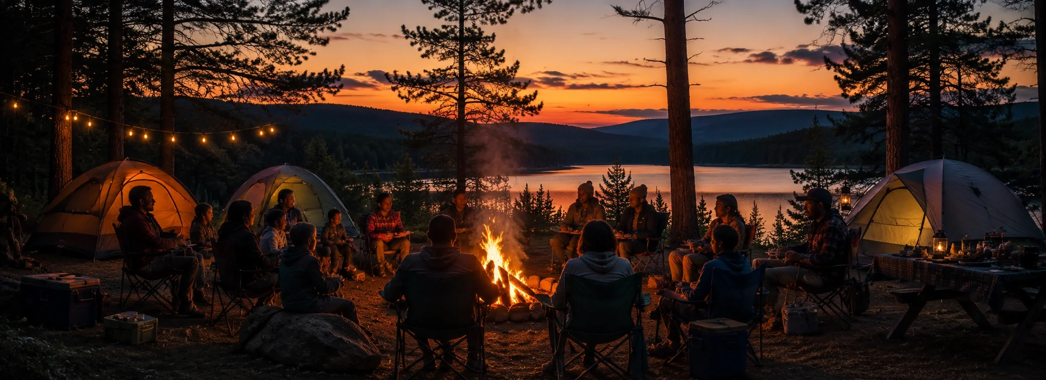 Diverse group of campers gathering around a campfire at dusk sharing stories and enjoying the outdoors together