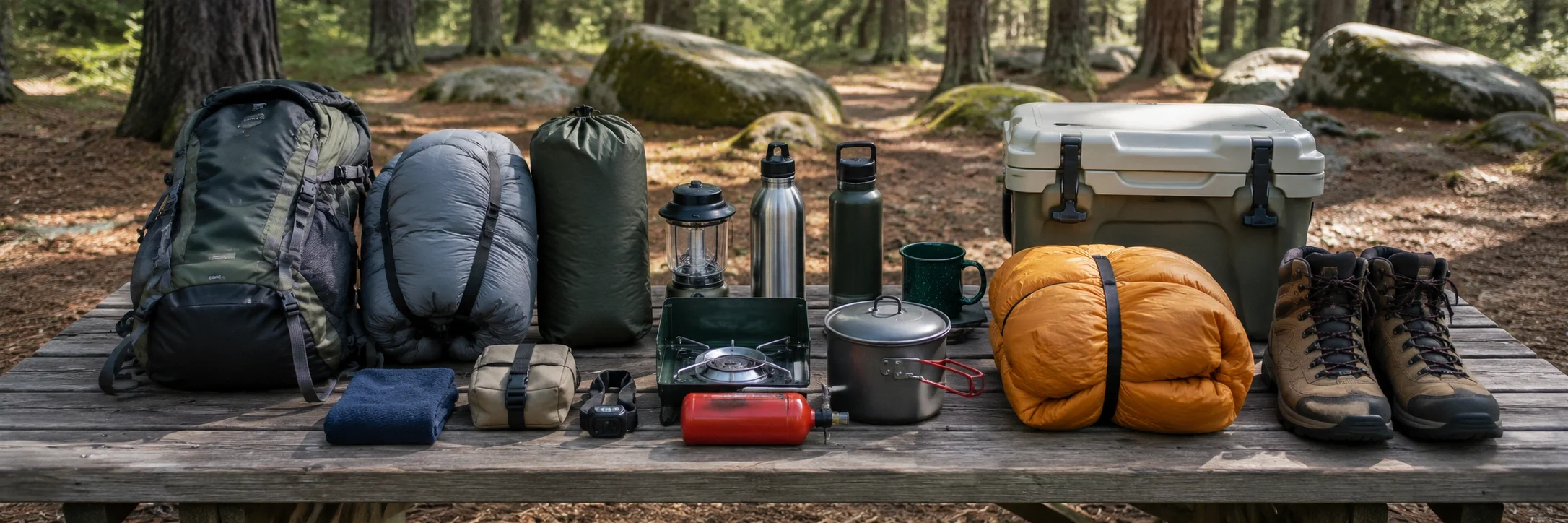 Organized camping gear laid out for a destination trip including tent, backpack, and cooking equipment