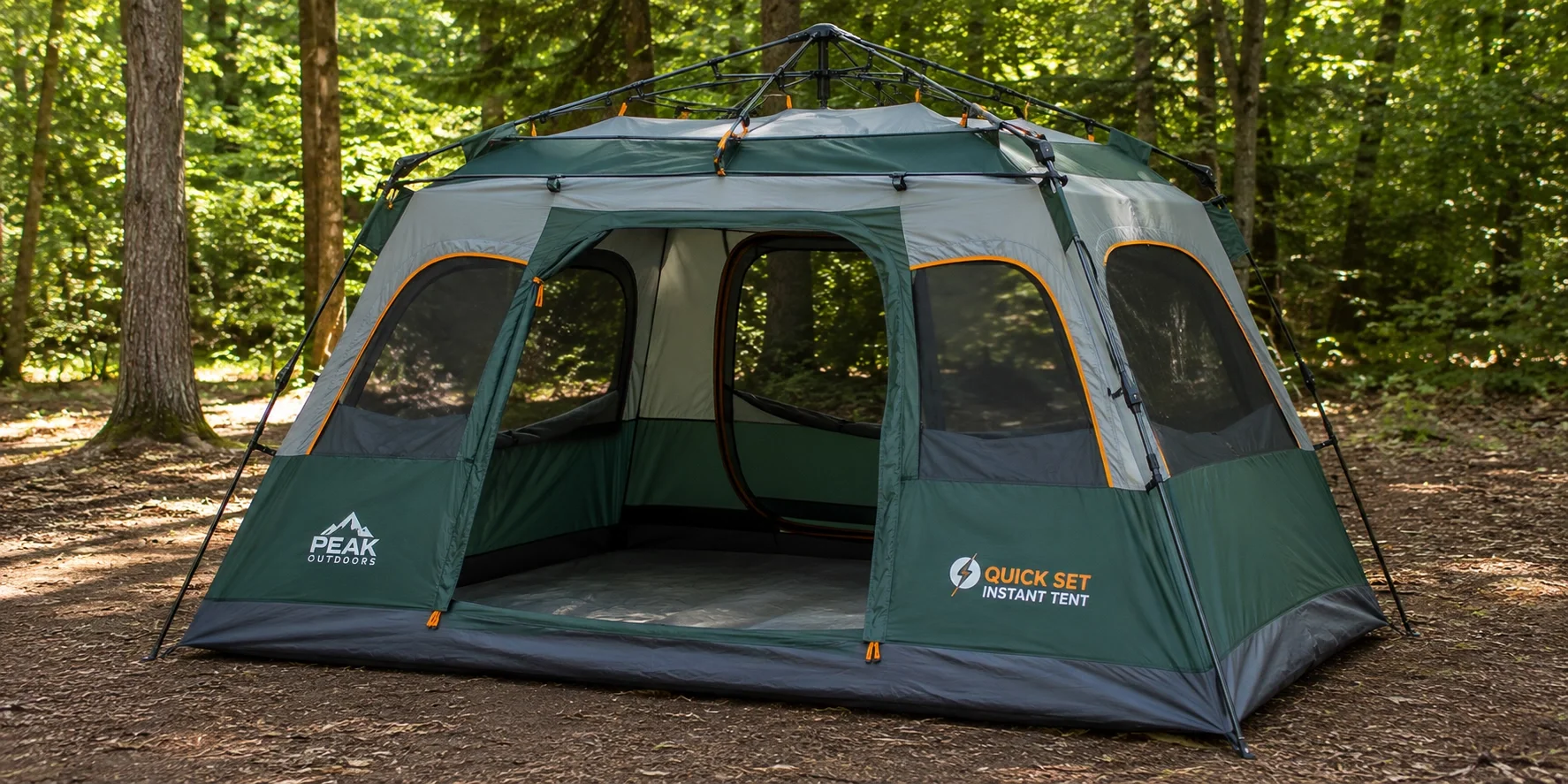Instant popup tent deployed in seconds at a campsite