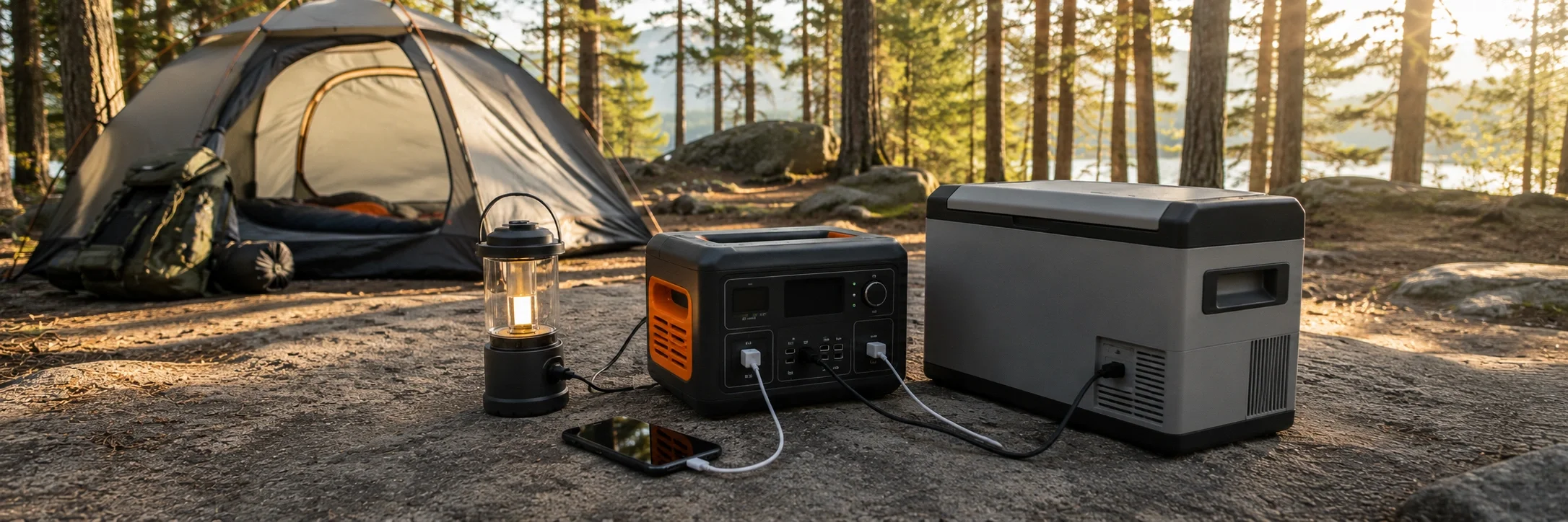 Portable power station running camping devices at a campsite