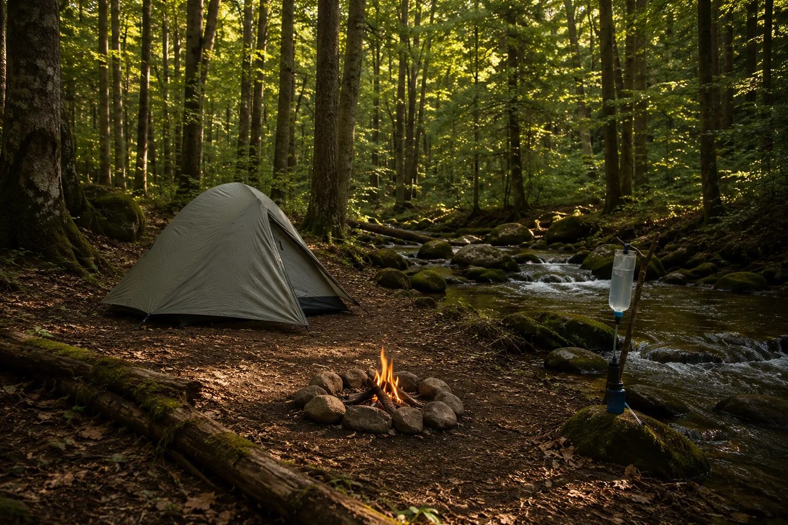 Minimalist campsite in deep woods with small tent, campfire, and basic gear only, no modern conveniences
