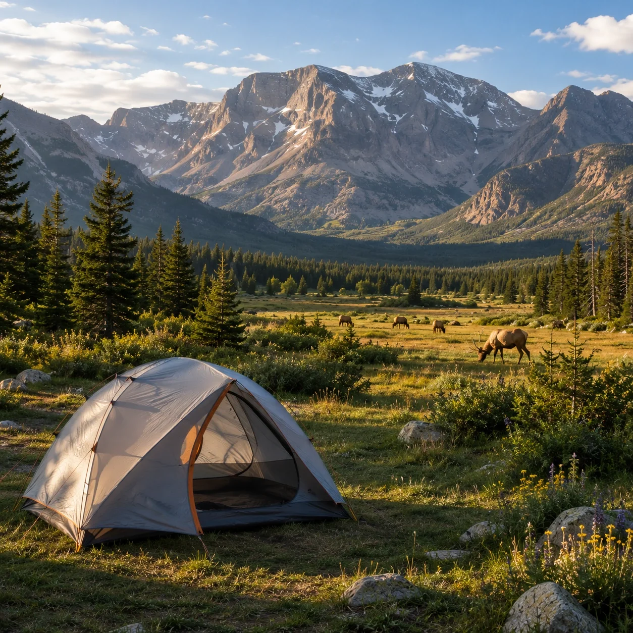 Rocky Mountain National Park campground with mountain meadow views