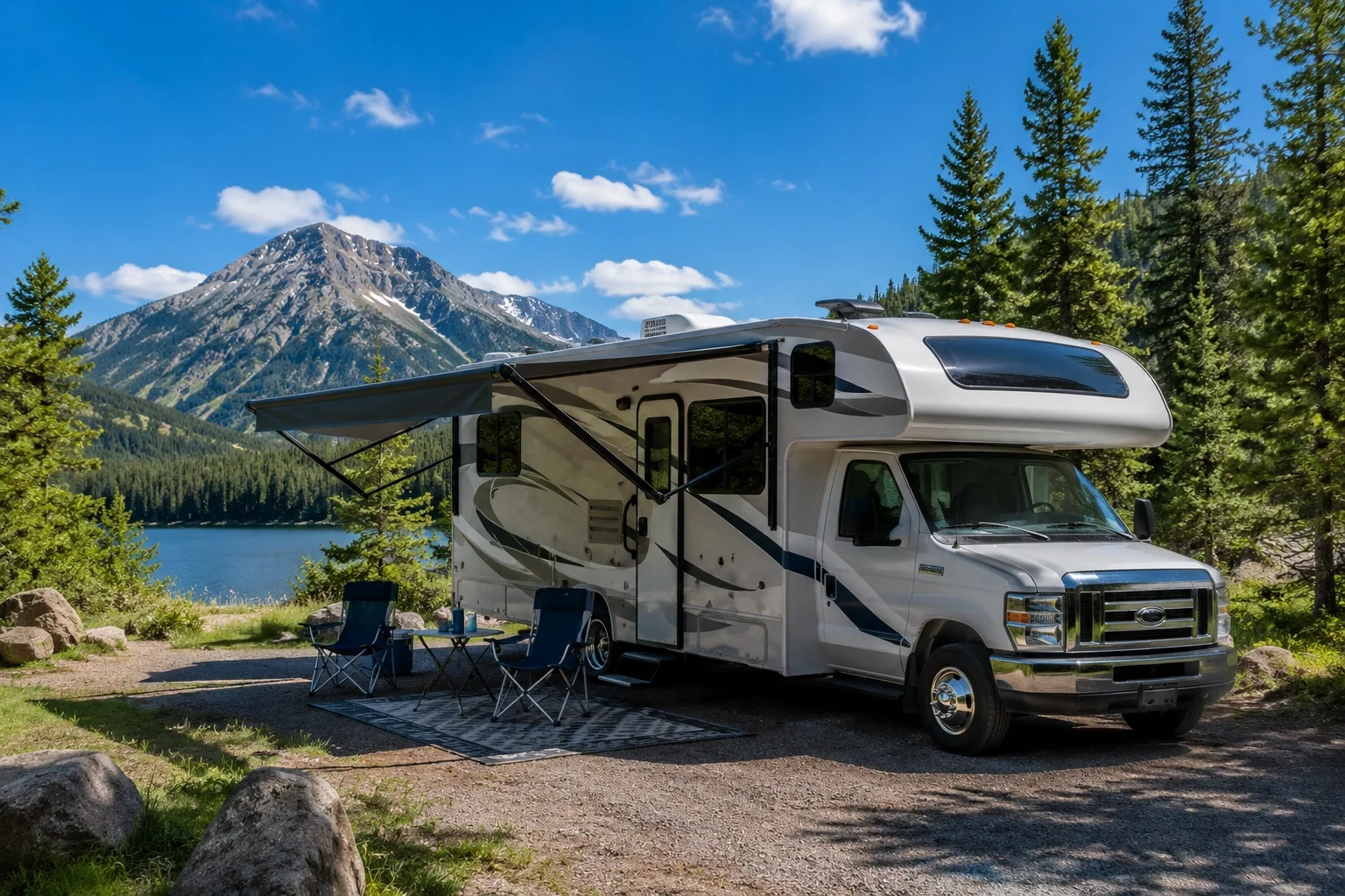 Recreational vehicle parked at a scenic campground with mountains in the background and outdoor setup