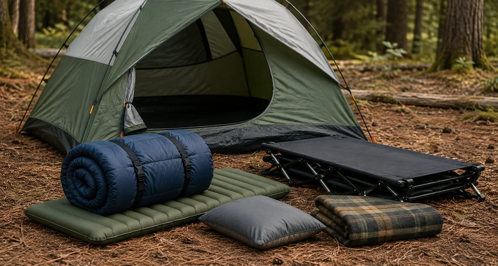 Camping shelter and sleep gear including tent sleeping bag and pads arranged for checklist