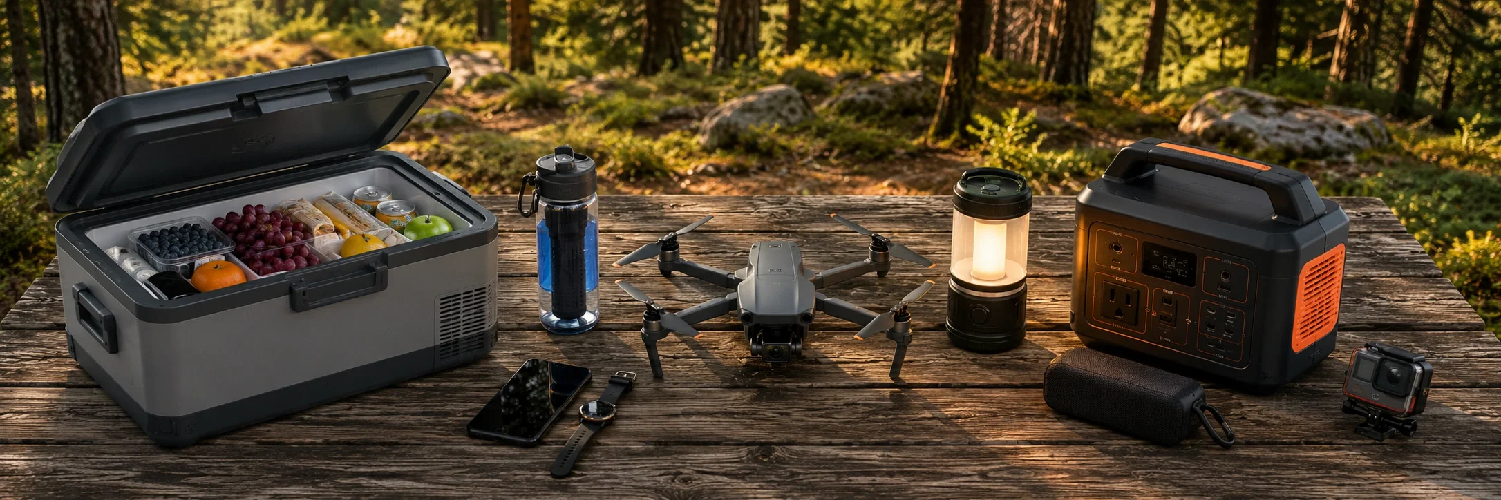 Collection of smart camping gadgets including portable fridge, water filter, and LED lighting