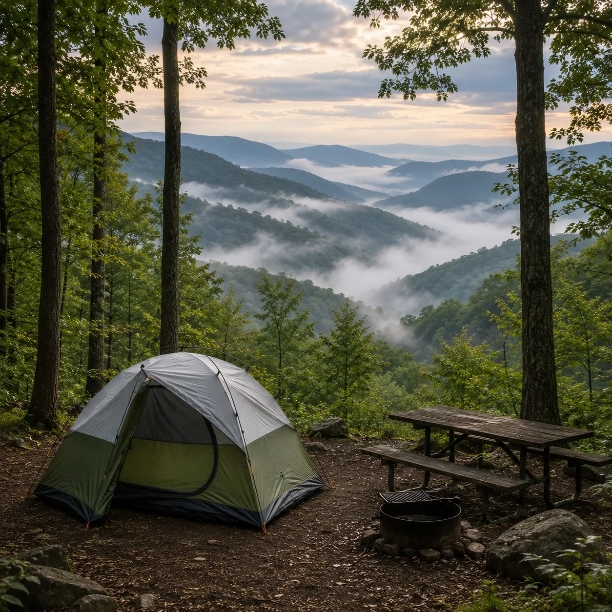 Great Smoky Mountains camping with fog rolling through forested valleys