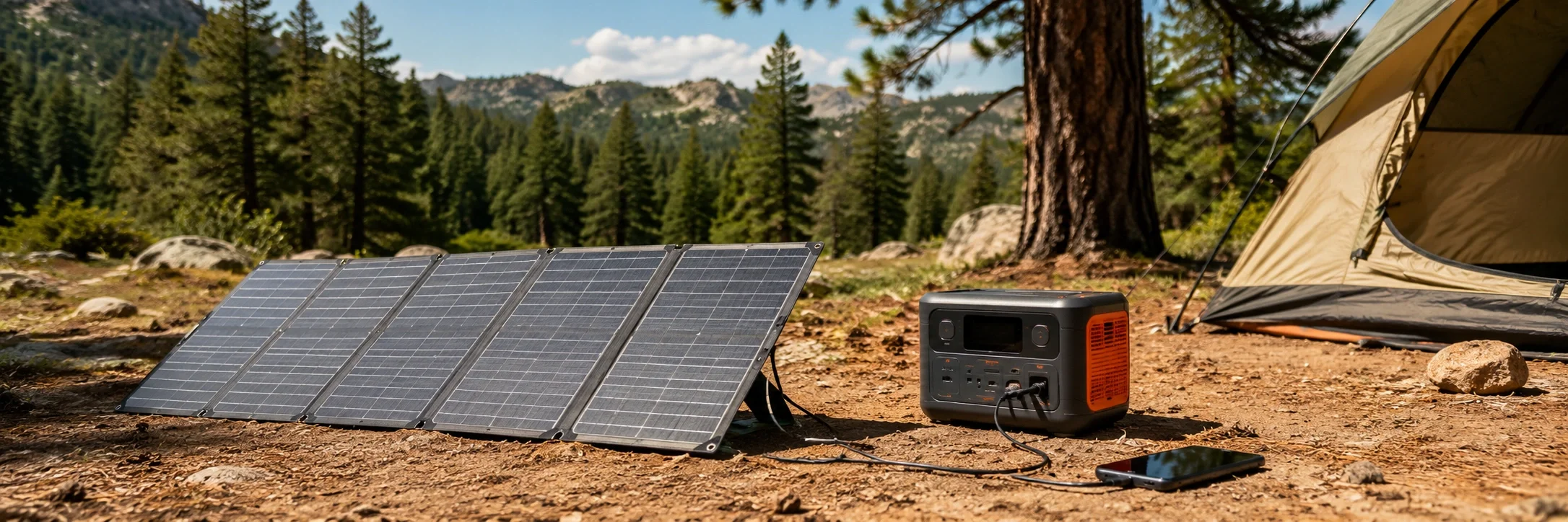 Foldable solar panel charging devices at a wilderness campsite