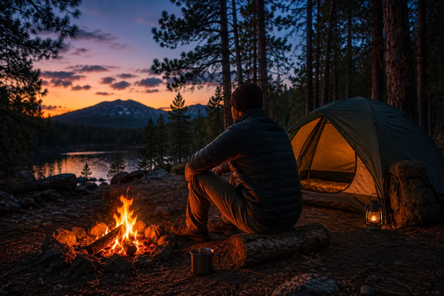 Solo camper sitting by campfire at dusk in a quiet forest campsite, peaceful and reflective atmosphere