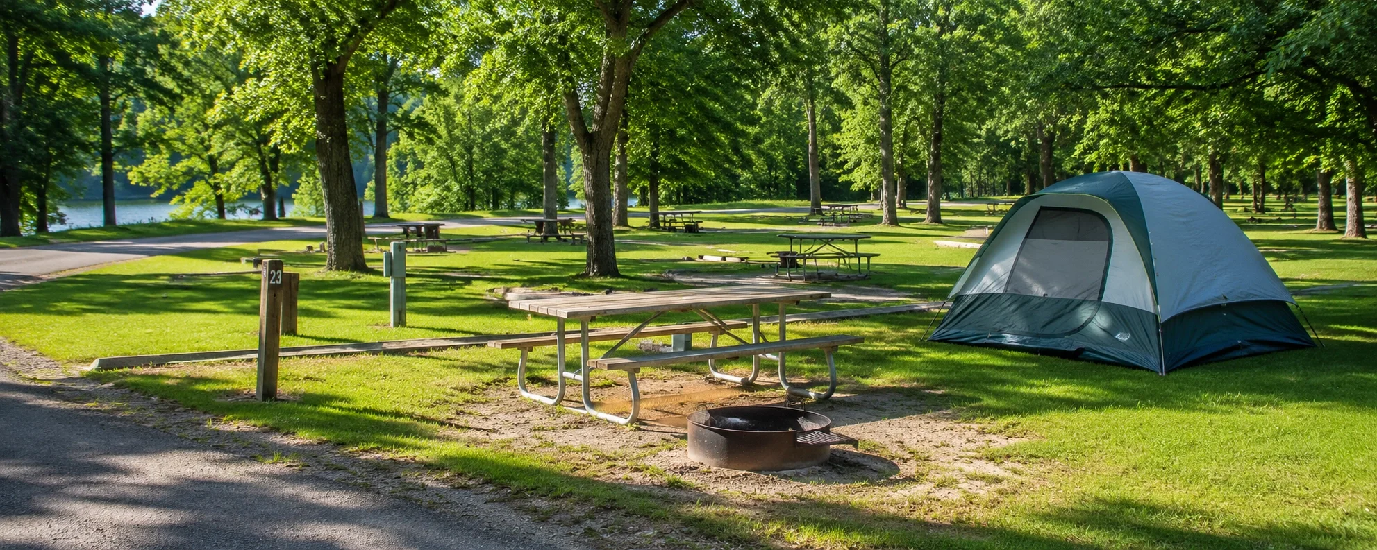 Well-maintained state park campground with level grass sites, fire rings, and clean facilities