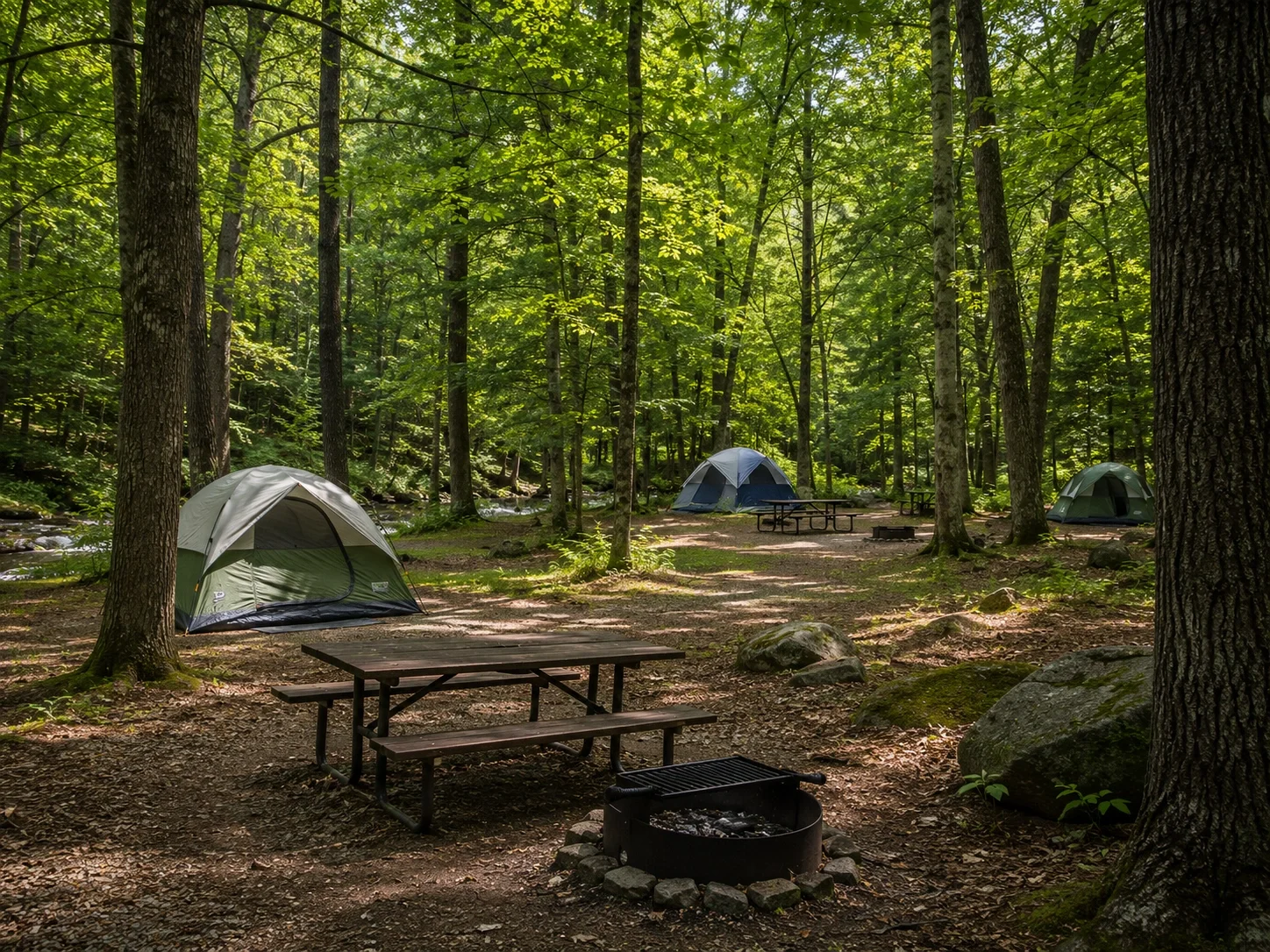 State park campground nestled in a forest with picnic tables
