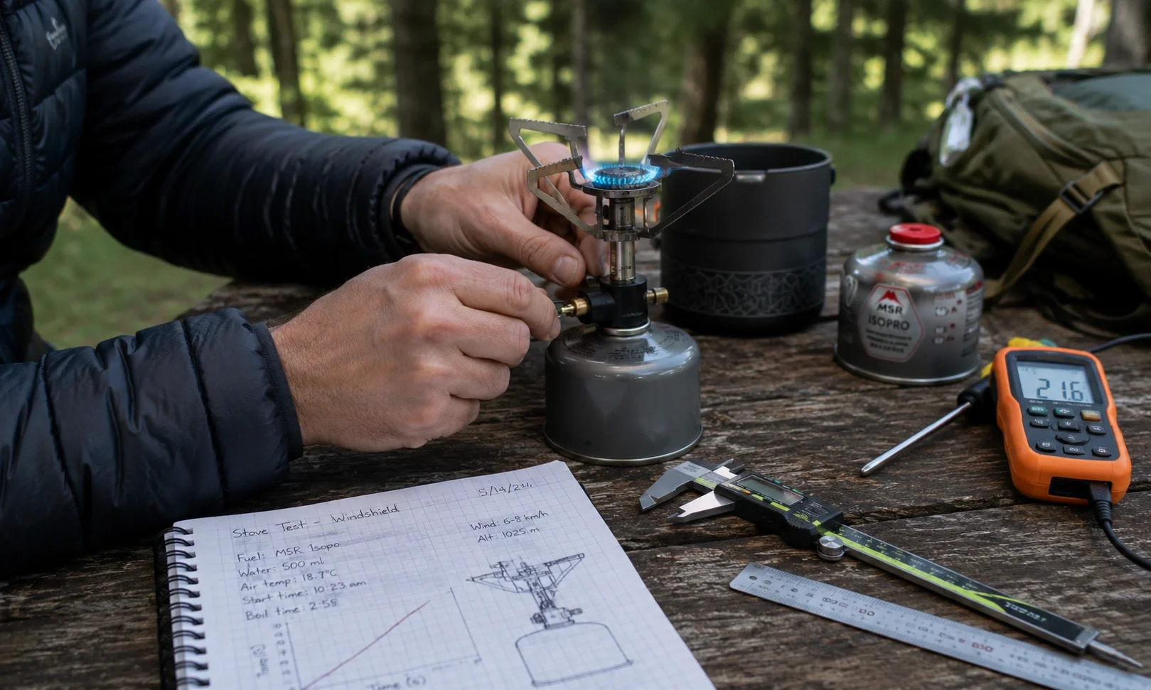 Gear specialist testing a camping stove in the field with notebooks and measuring equipment