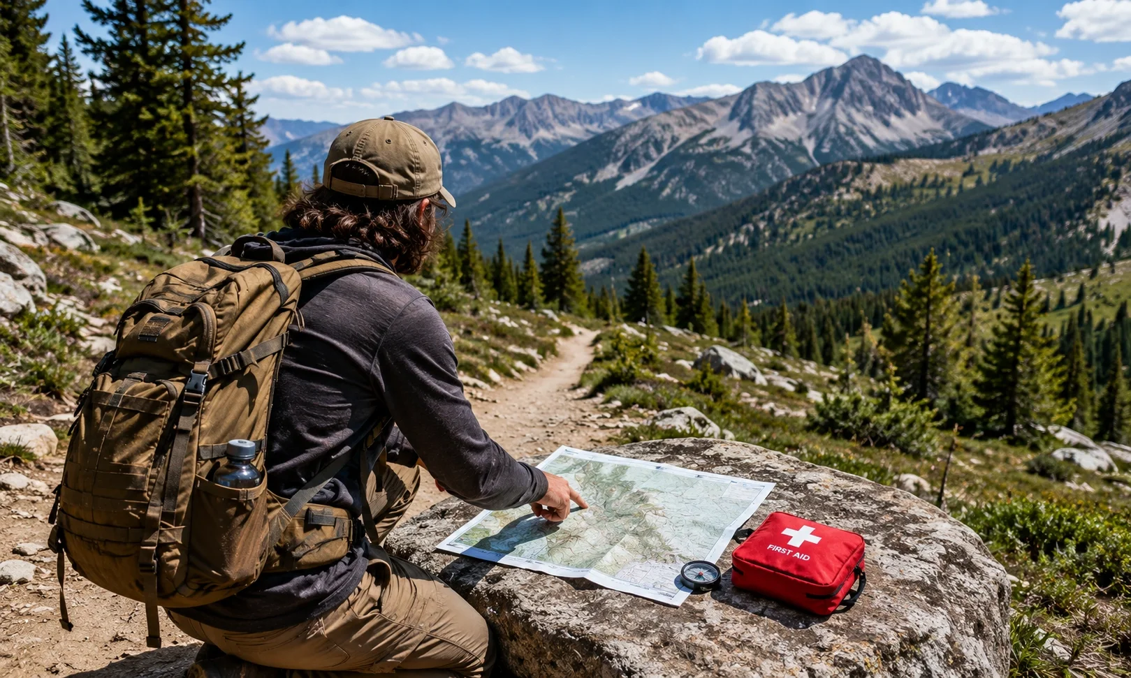 Outdoor guide and safety writer checking trail maps and first aid supplies at a campsite