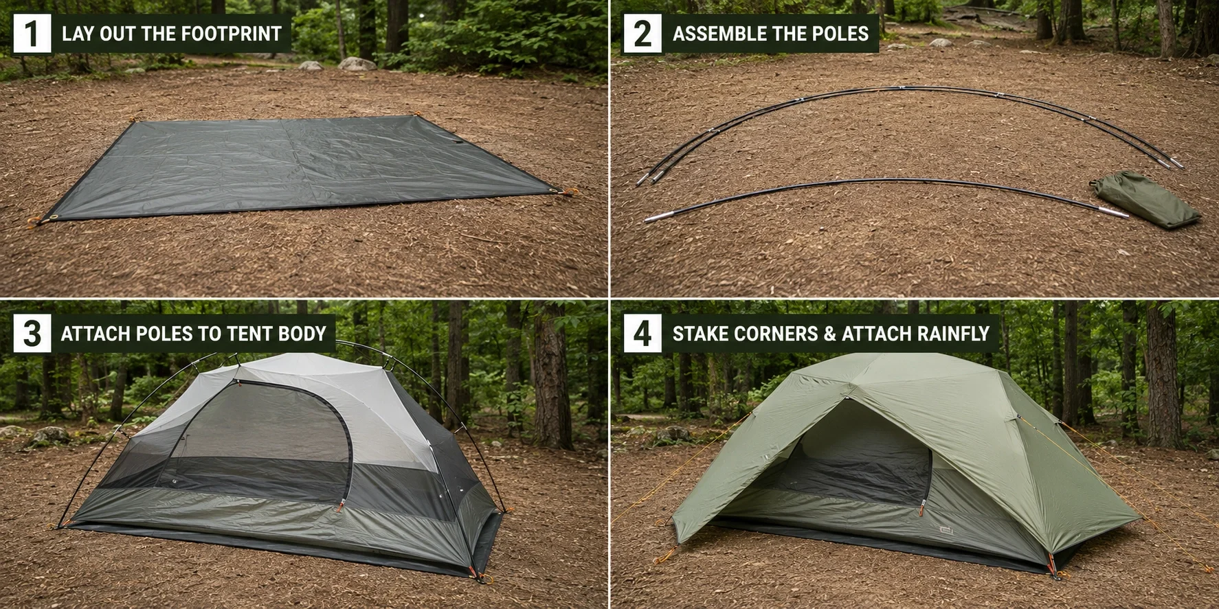 Step by step tent setup process from staking to rainfly attachment
