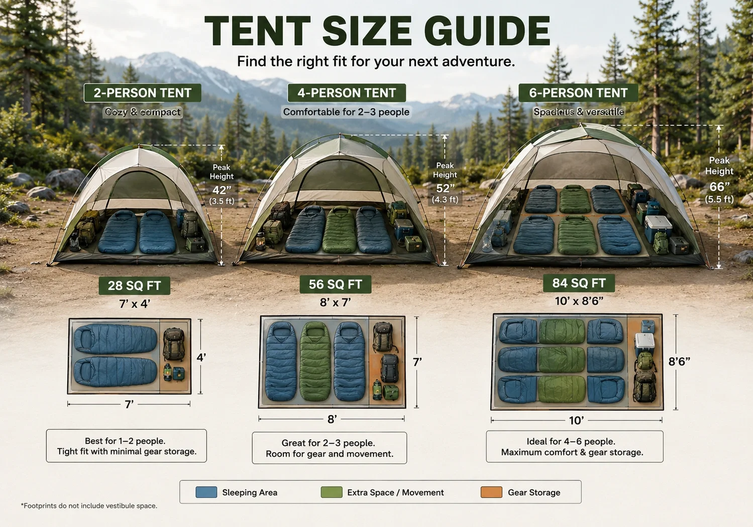 Tent size comparison showing interior space for different capacities