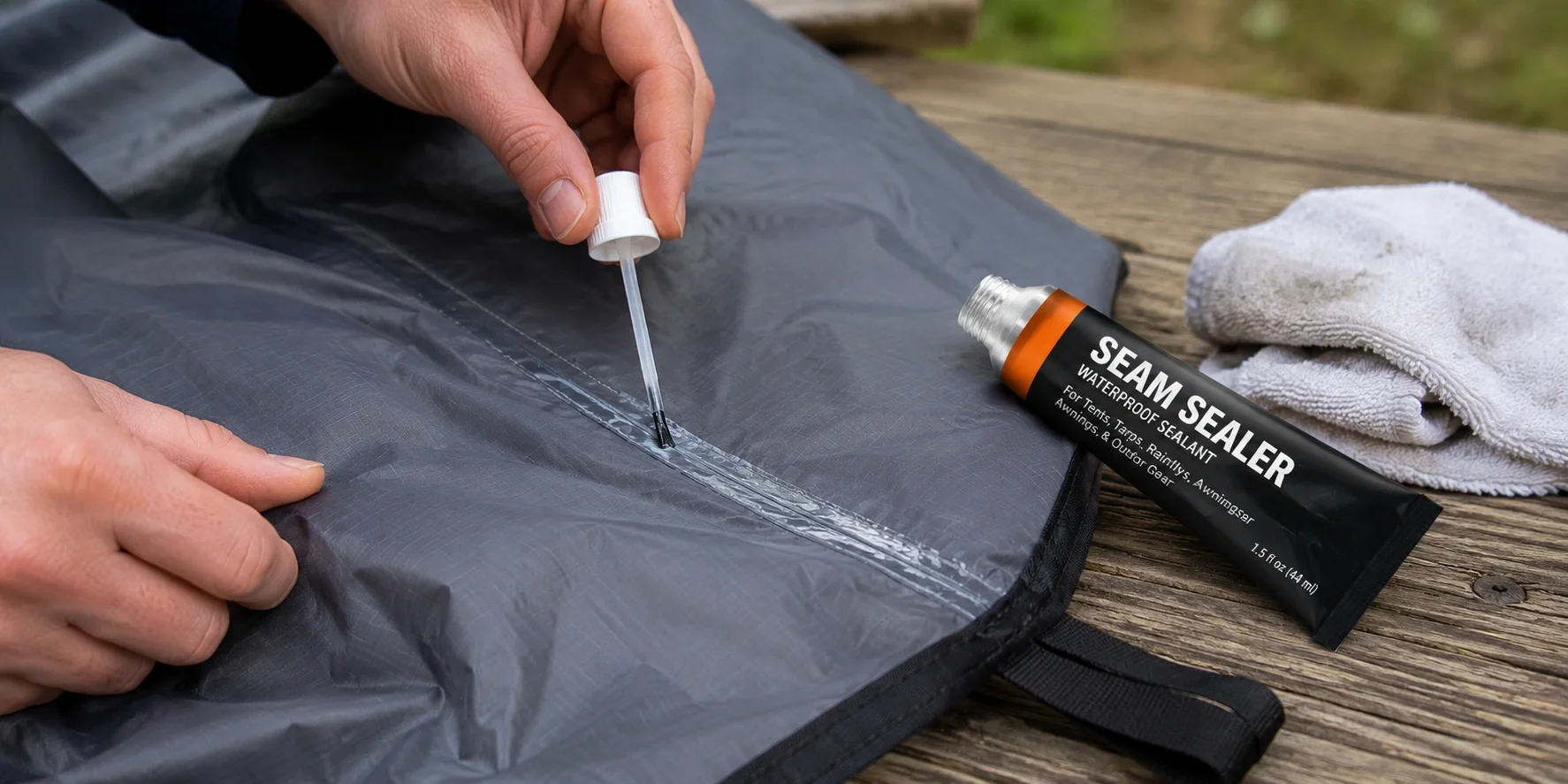 Applying seam sealer to tent stitching for waterproof protection