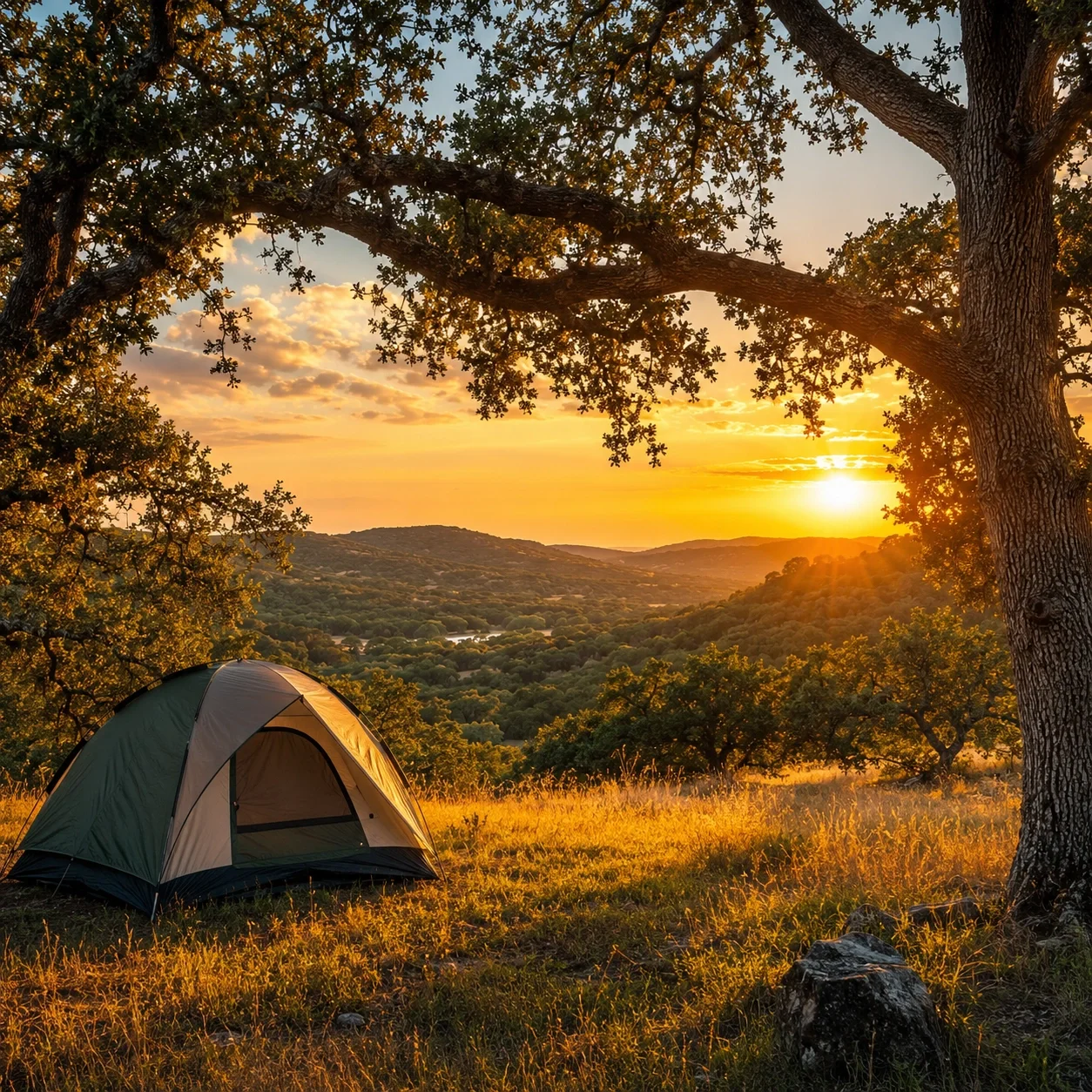 Texas state park camping with hill country sunset and oak trees