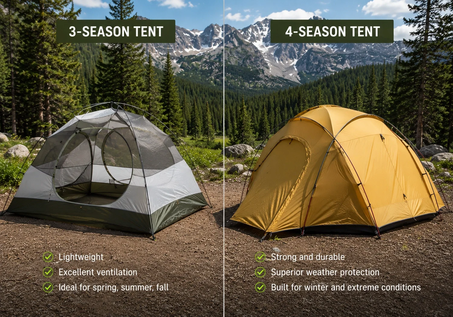 Side by side comparison of 3-season and 4-season tent designs