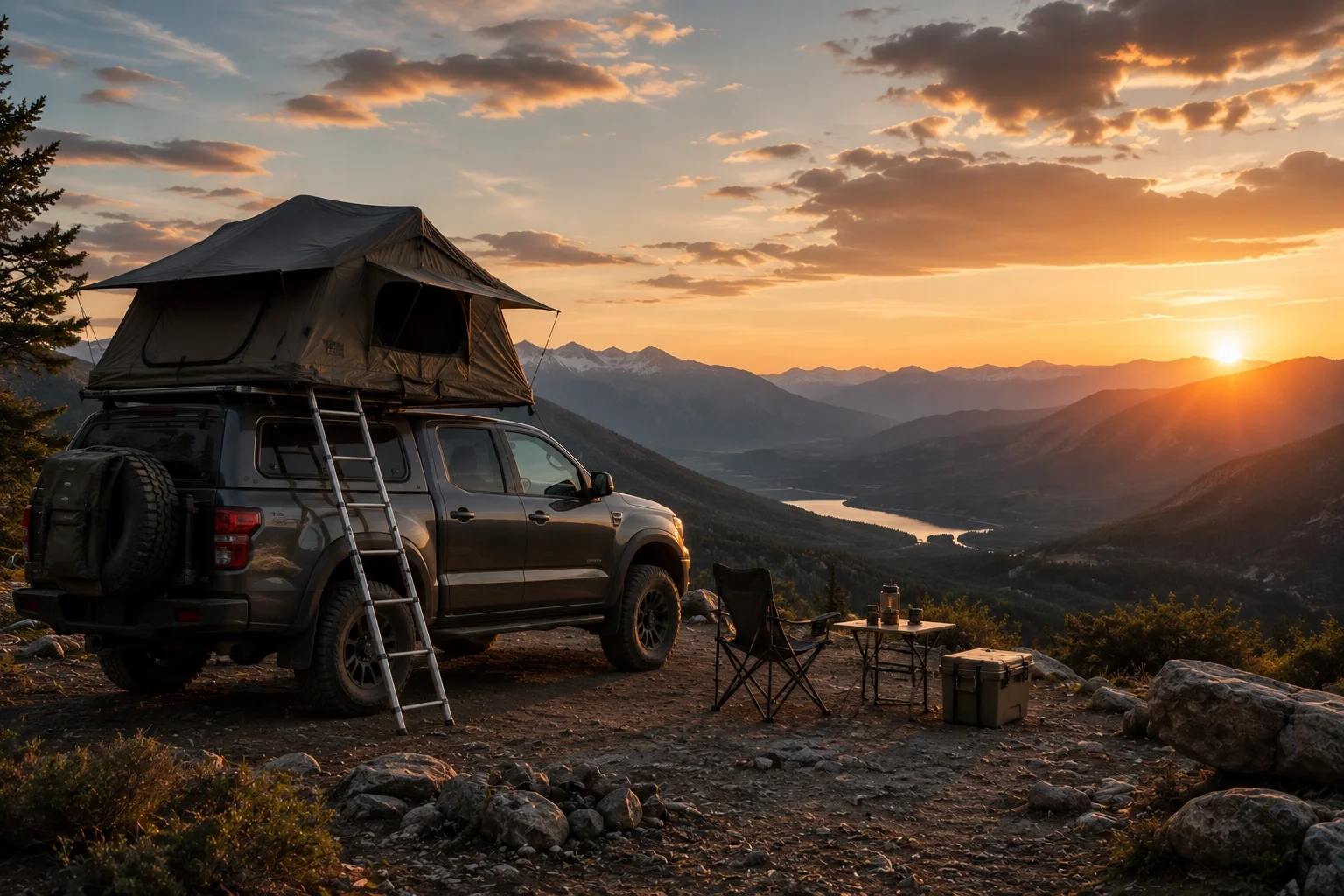 Pickup truck with camping setup in truck bed, parked at remote overlook with scenic valley views