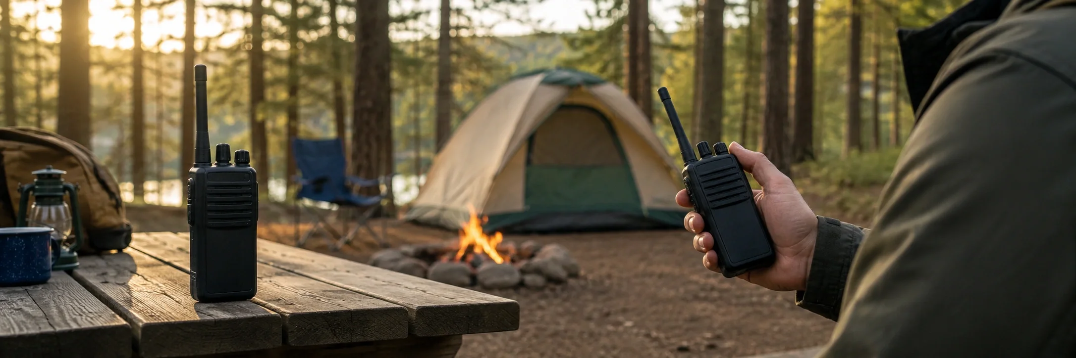 Two-way radio being used for group communication while camping