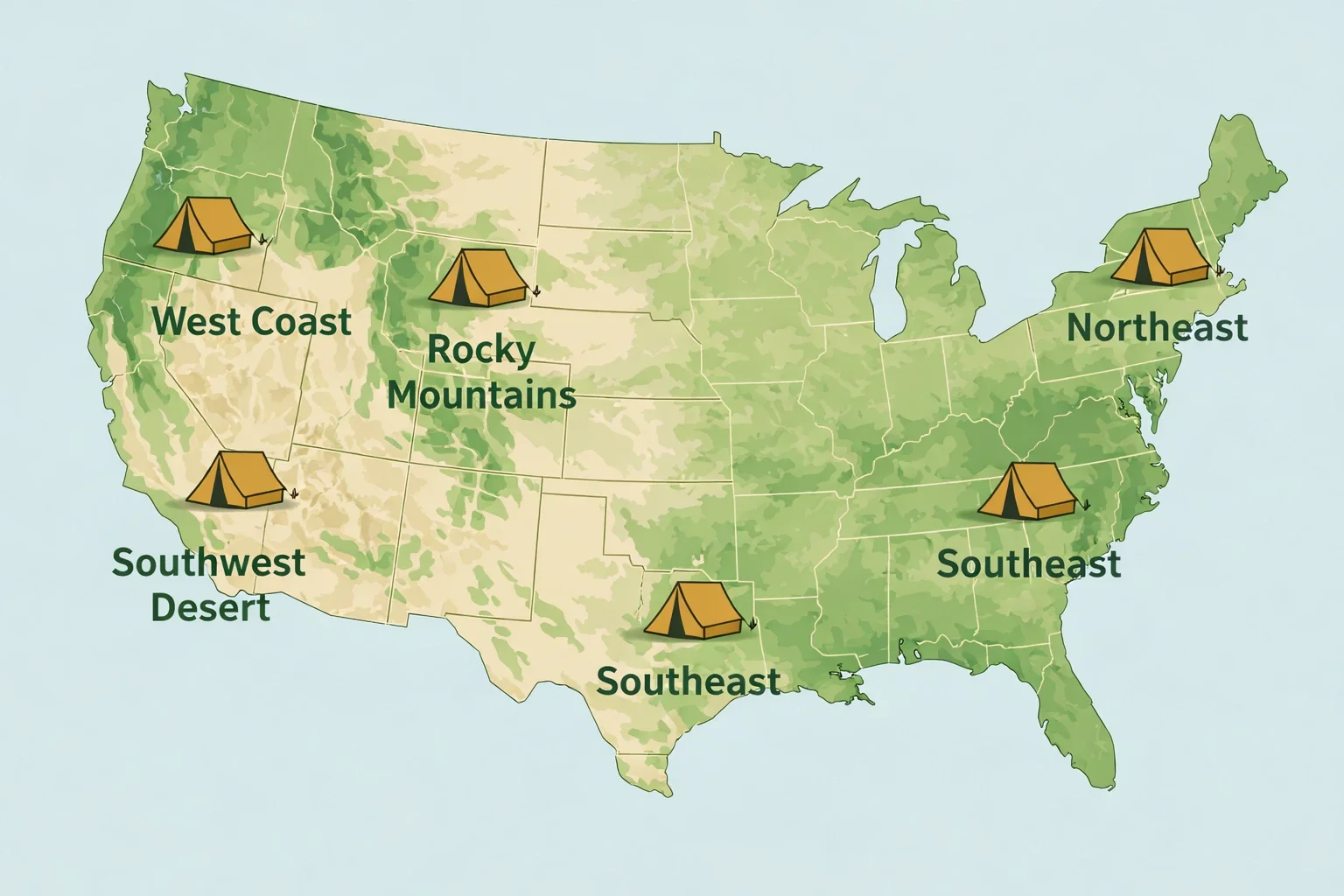 Map showing top camping destination regions across the United States
