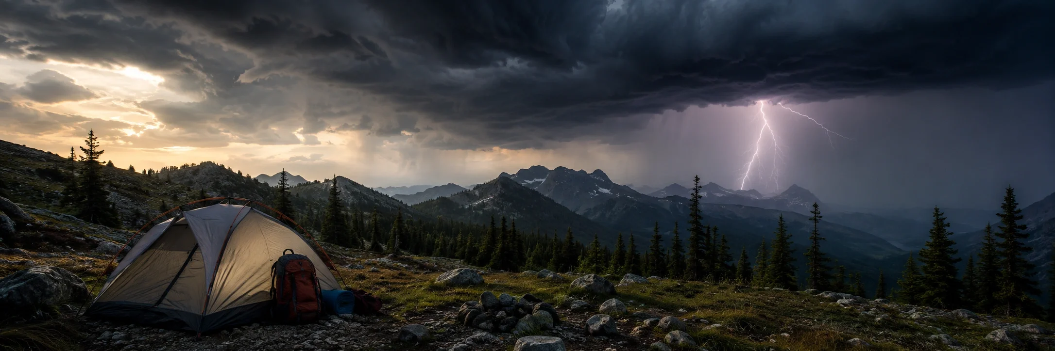 Dramatic storm clouds forming over mountain campsite with tent and gear visible