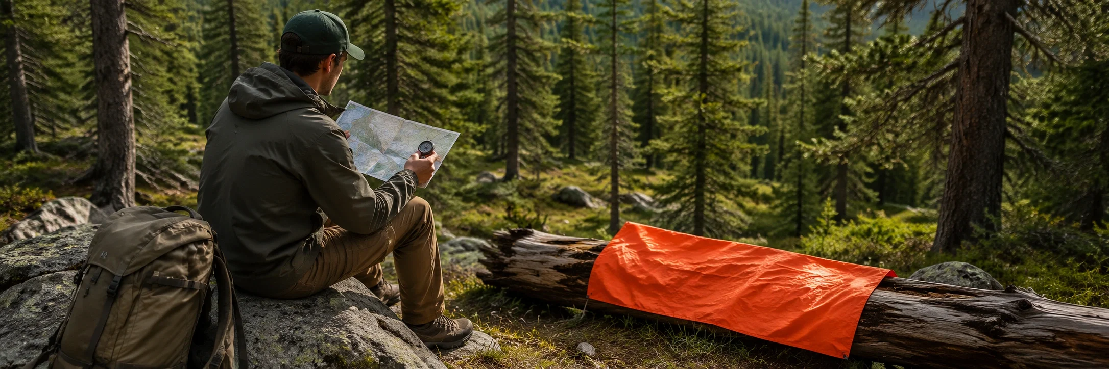Lost camper using map and compass in forest with bright orange emergency signal visible