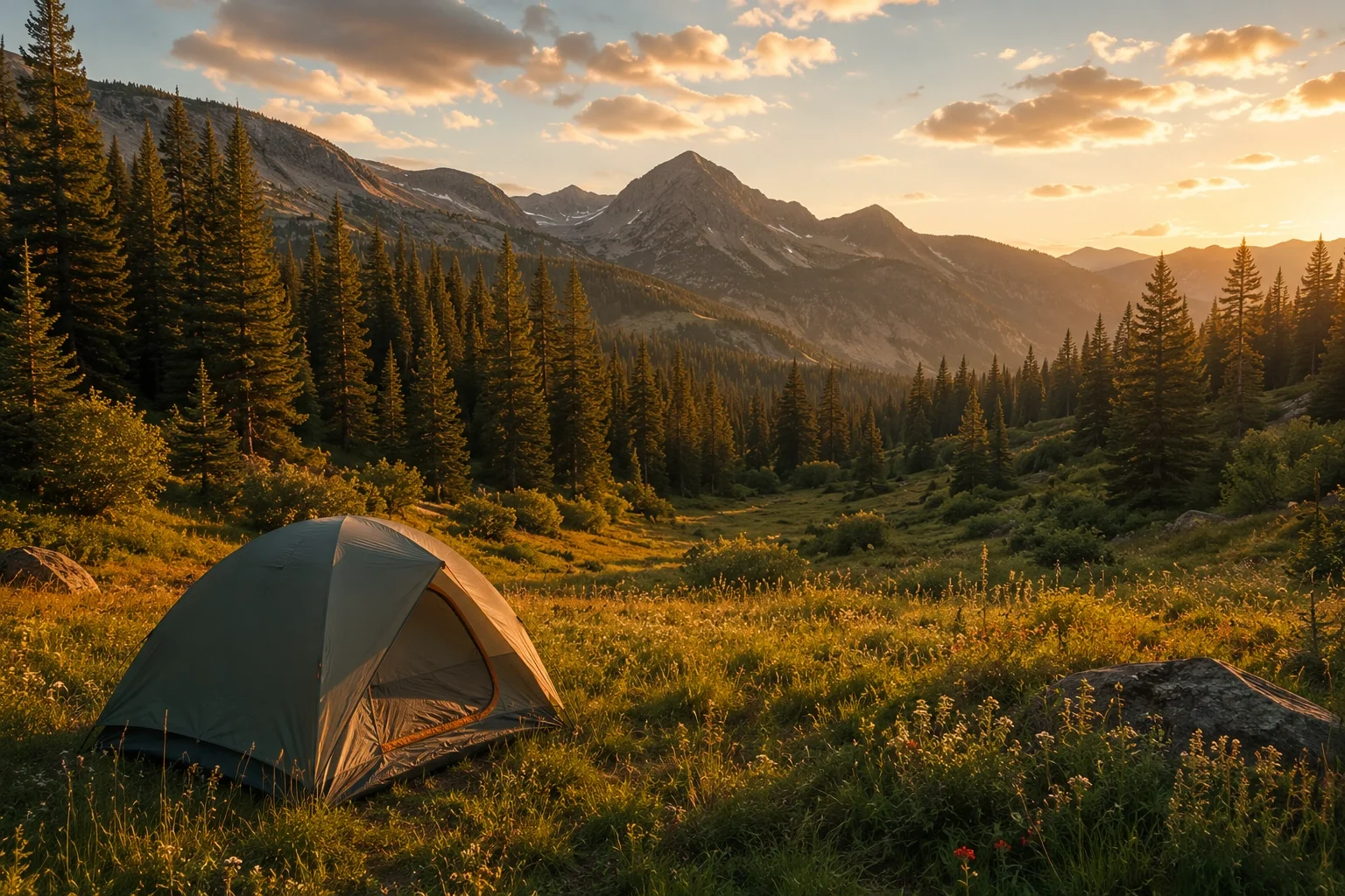 Lone tent set up in remote wilderness area with no facilities, surrounded by mountains and forest