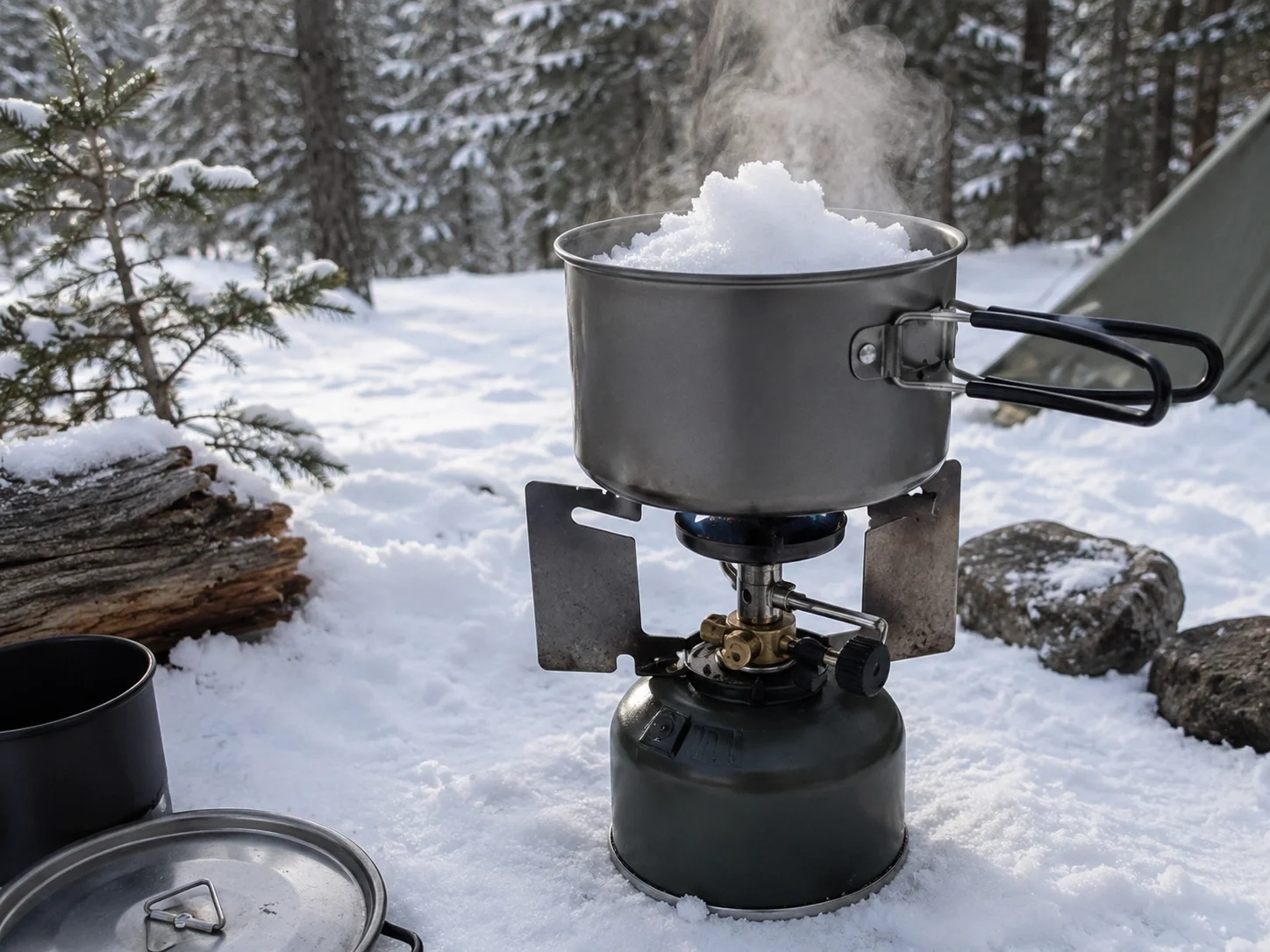 Camp stove cooking on snow during winter camping trip