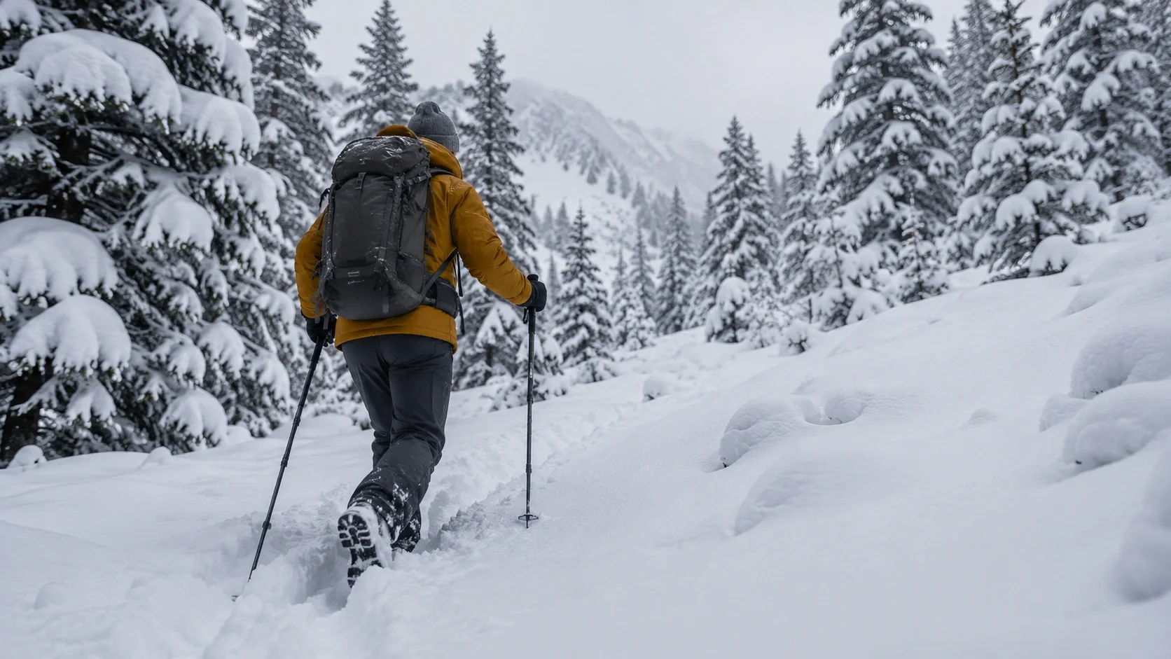 Winter camper wearing proper layers staying warm in snowy conditions