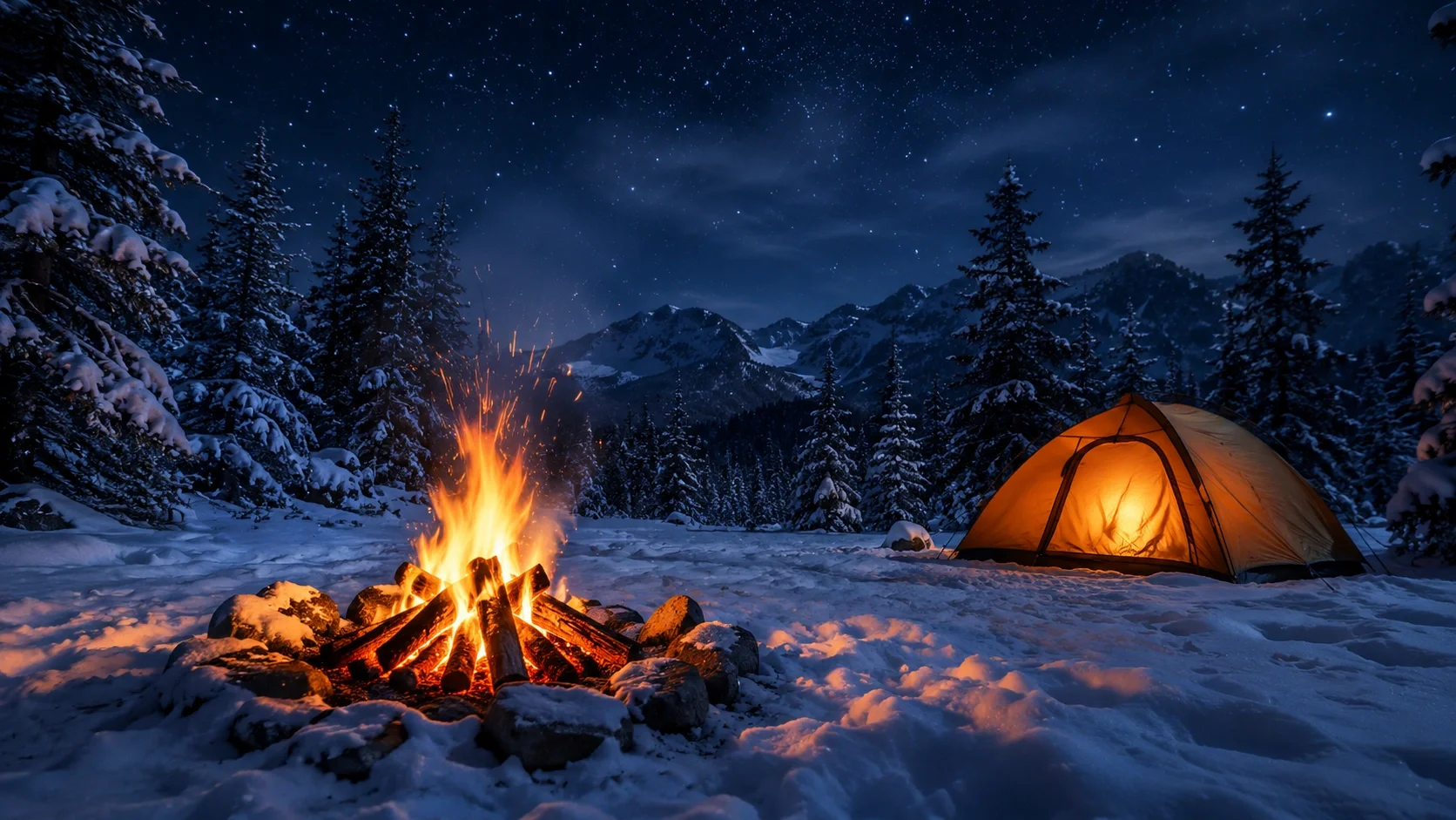 Campfire burning in snow at night during a winter camping trip