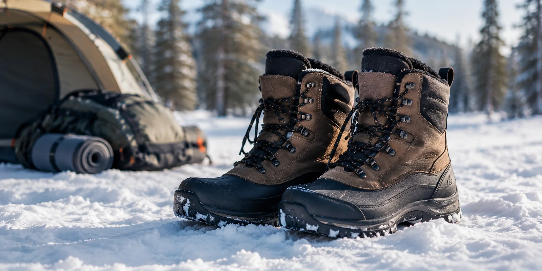Insulated waterproof winter camping boots in snow