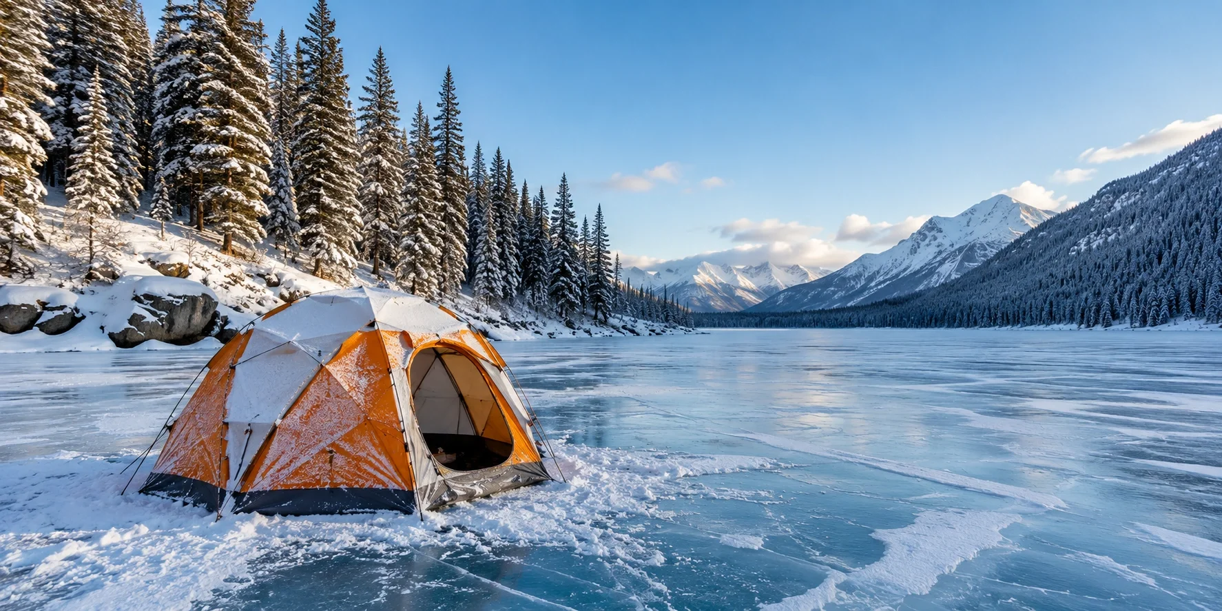 Winter camping in Canada on frozen lake with pine forest
