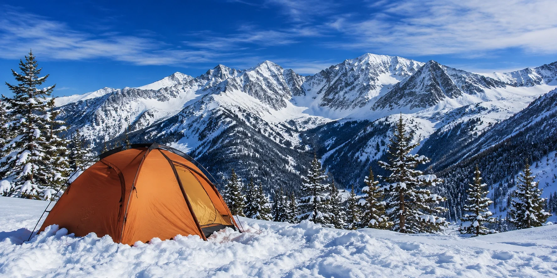 Winter camping in Colorado Rocky Mountains with snow covered peaks