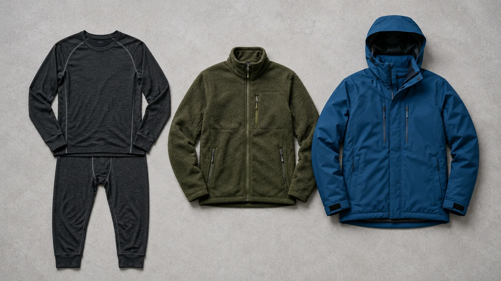 Winter camping layering clothing system showing base mid and outer layers