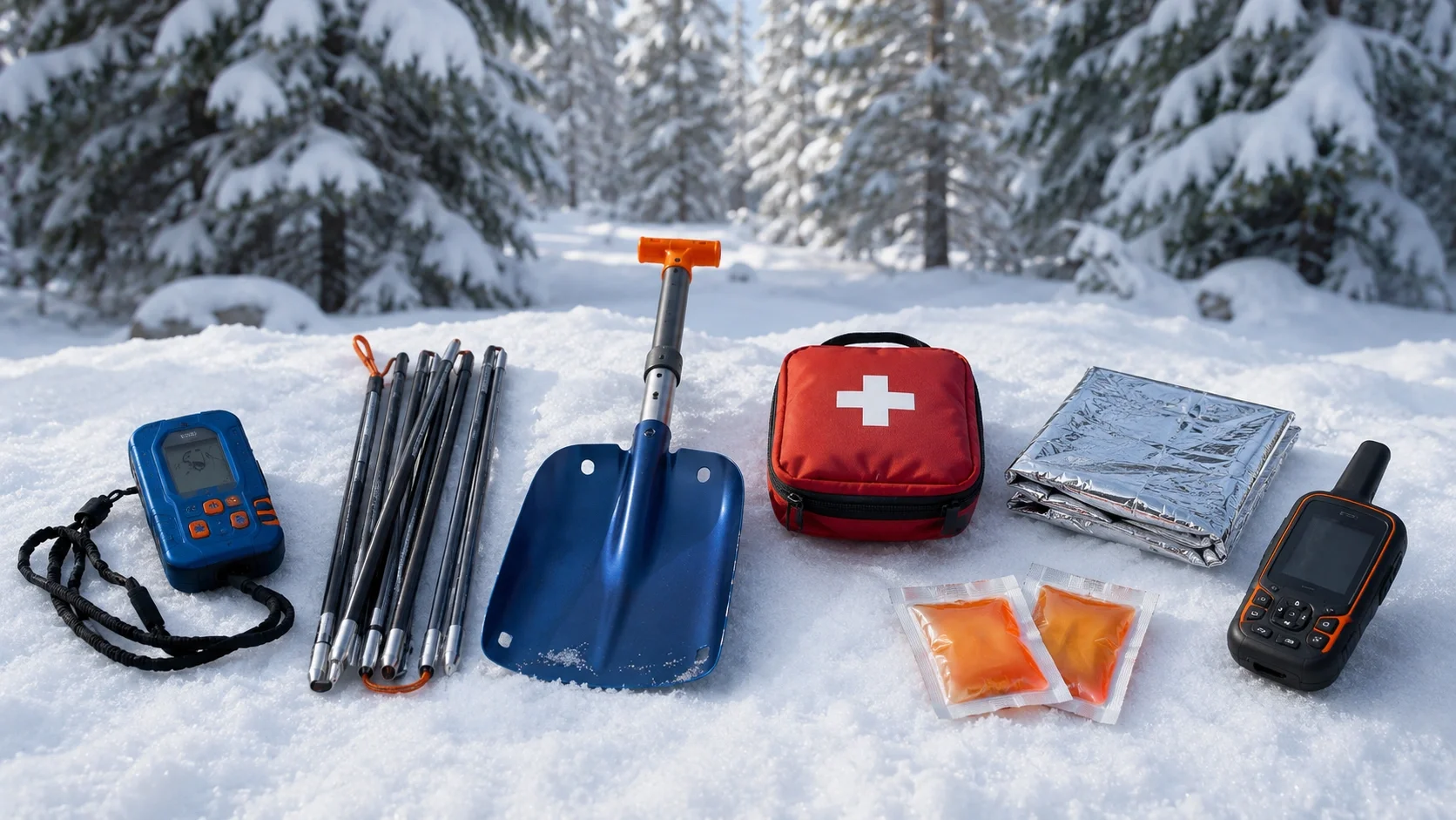 Winter camping safety equipment laid out on snow including beacon and first aid