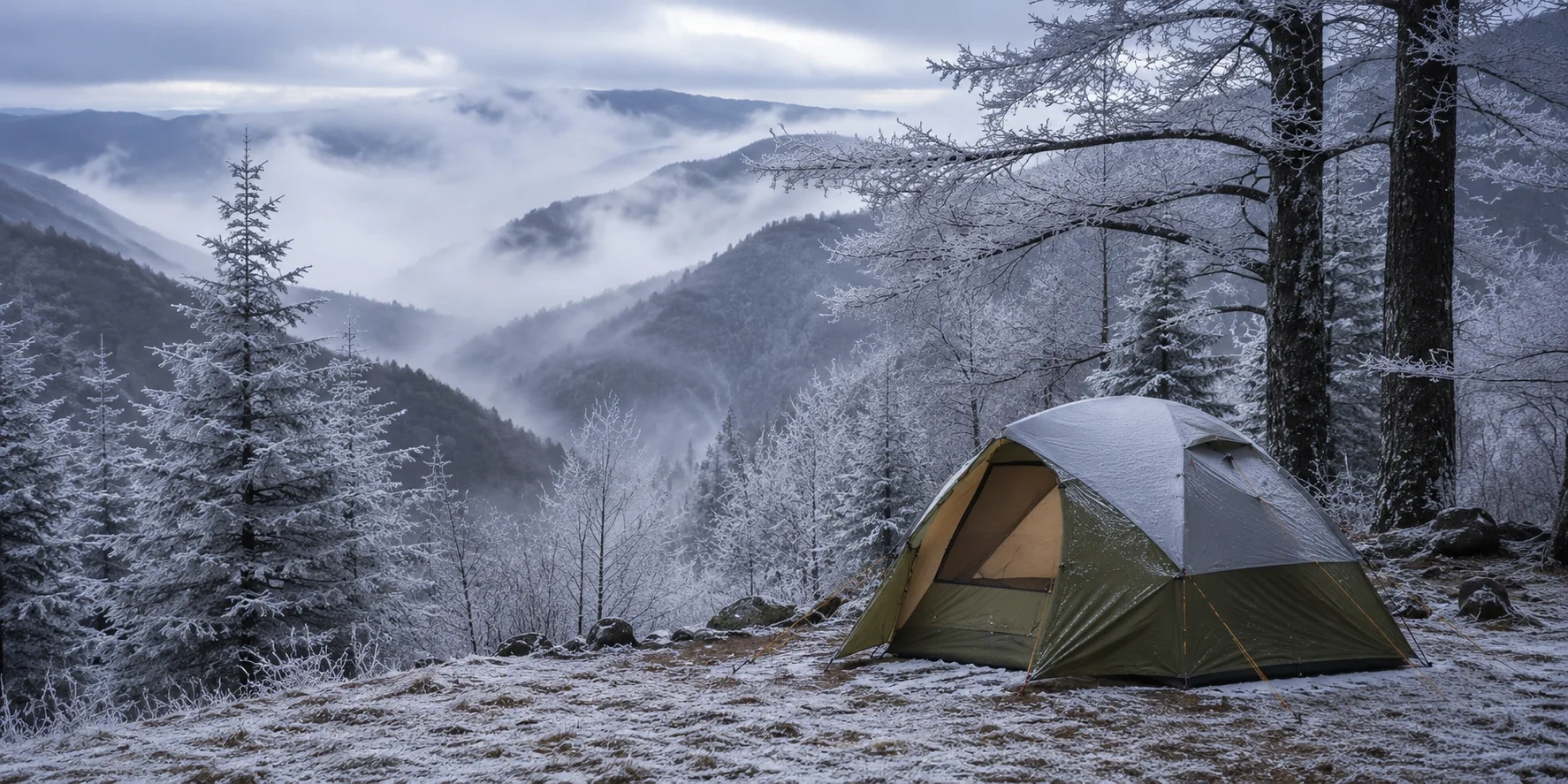 Winter camping in Great Smoky Mountains with frost and snow